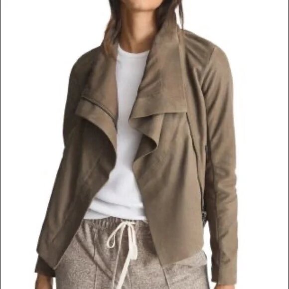 NWT REISS Rae Rib Sleeve Leather Jacket In Stone - Picture 1 of 12